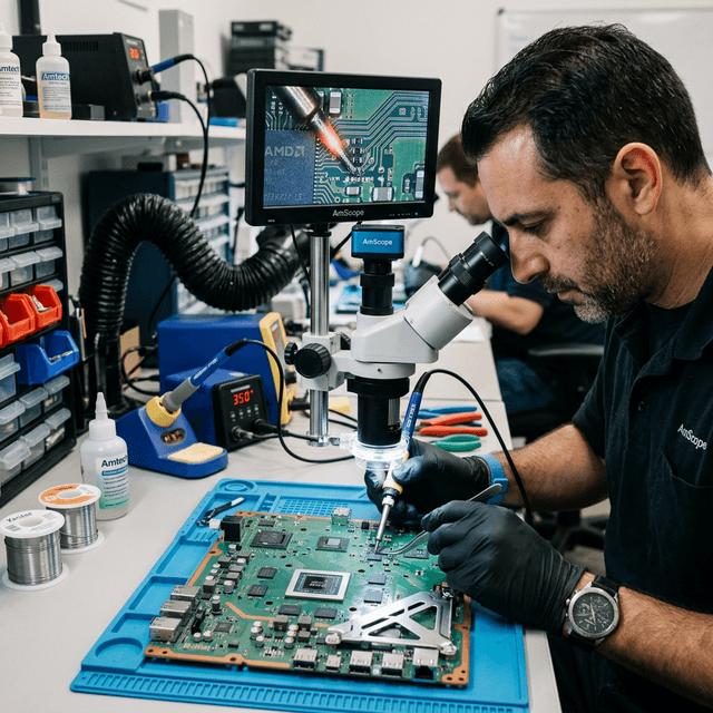Technician repairing console motherboard