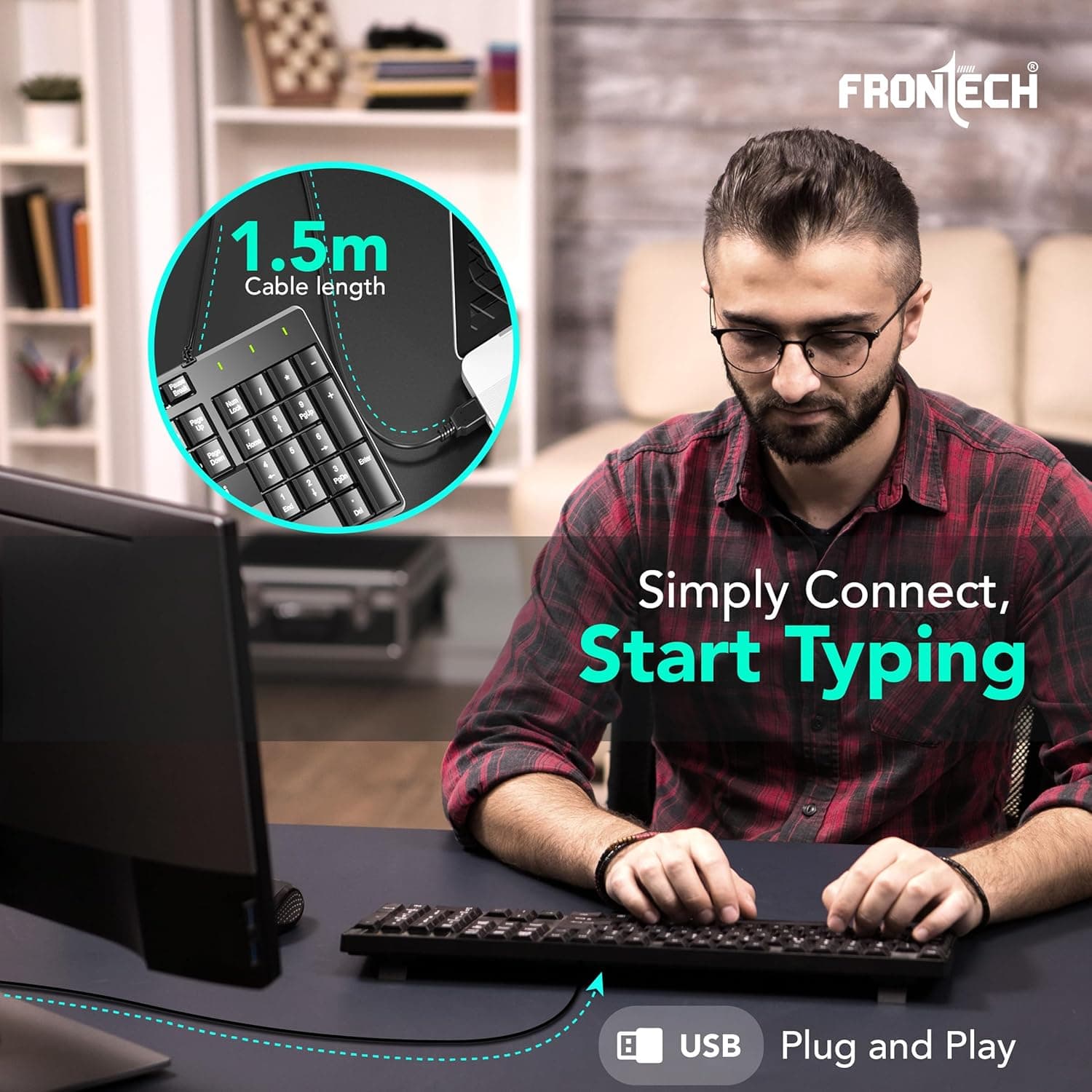 FRONTECH PrecisionFlow USB Keyboard - Ergonomic Design & Silent Typing for Windows (FT-1671) thumbnail