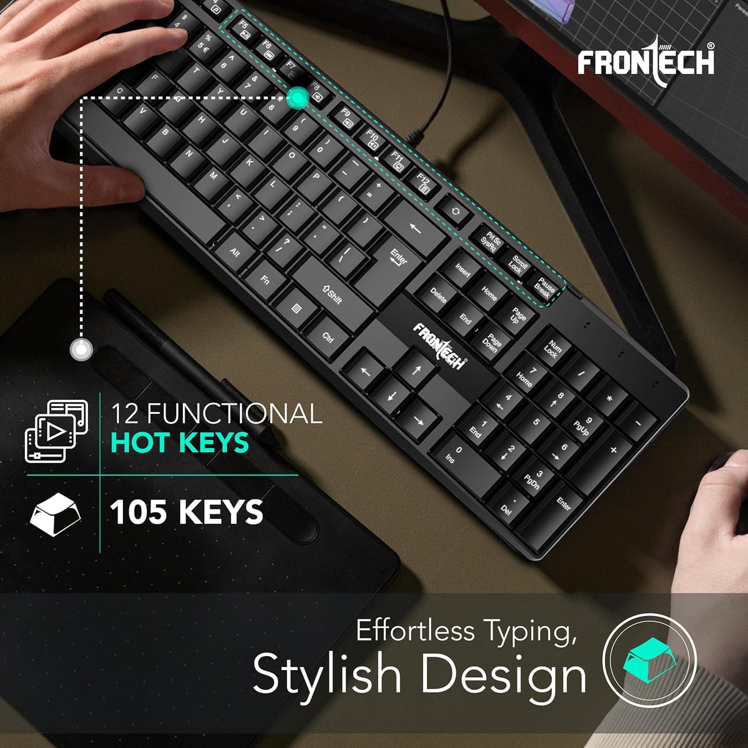 FRONTECH PrecisionFlow USB Keyboard - Ergonomic Design & Silent Typing for Windows (FT-1671) thumbnail